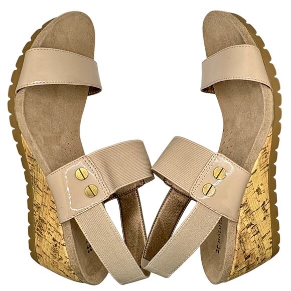 NWOT! NATURALIZER Sandals - Cork Wedge - Faux Taupe Patent & Elastic Straps - Picture 3 of 11